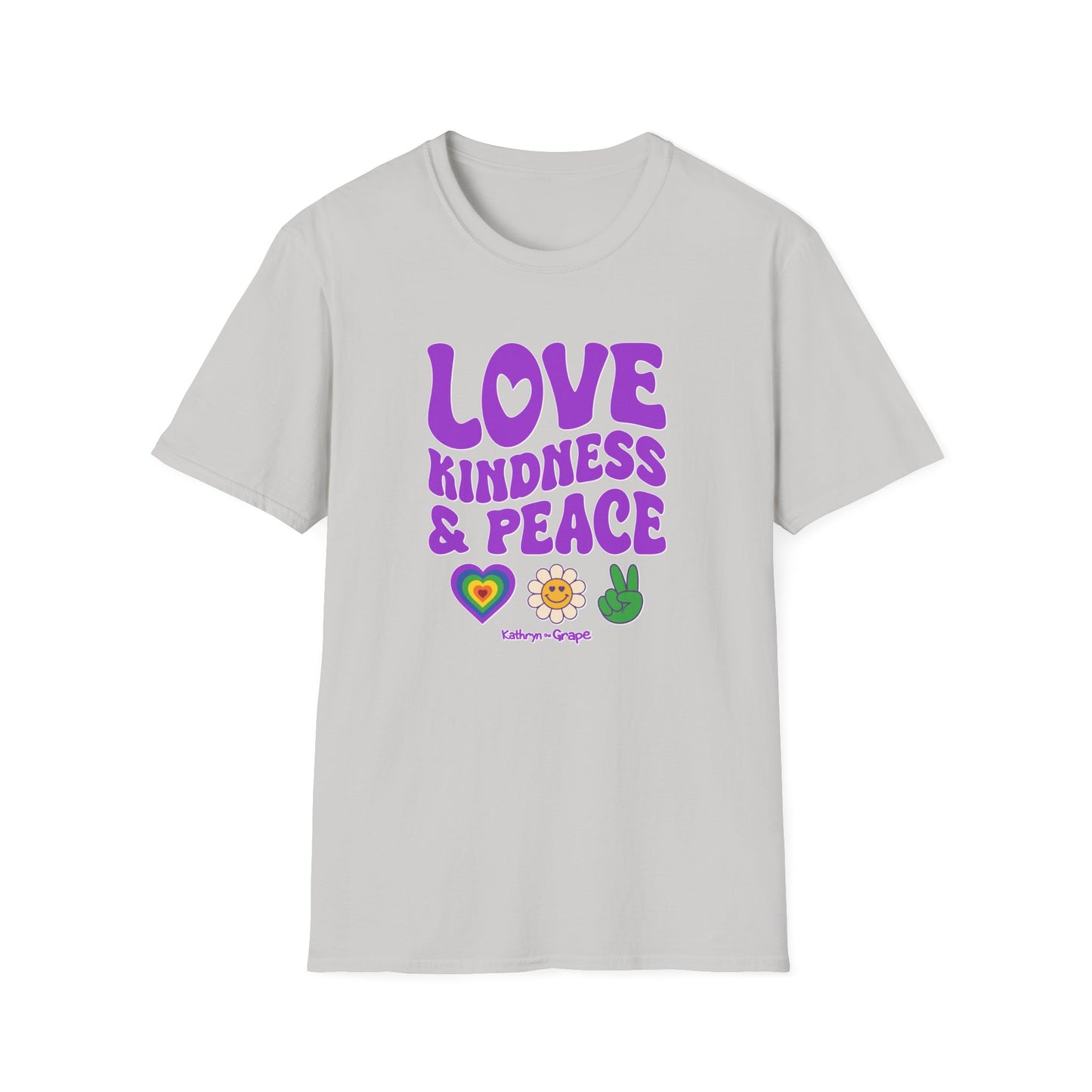 Kathryn the Grape Love, Kindness & Peace (purple text) Unisex Softstyle T-Shirt | Positive Vibes Tee