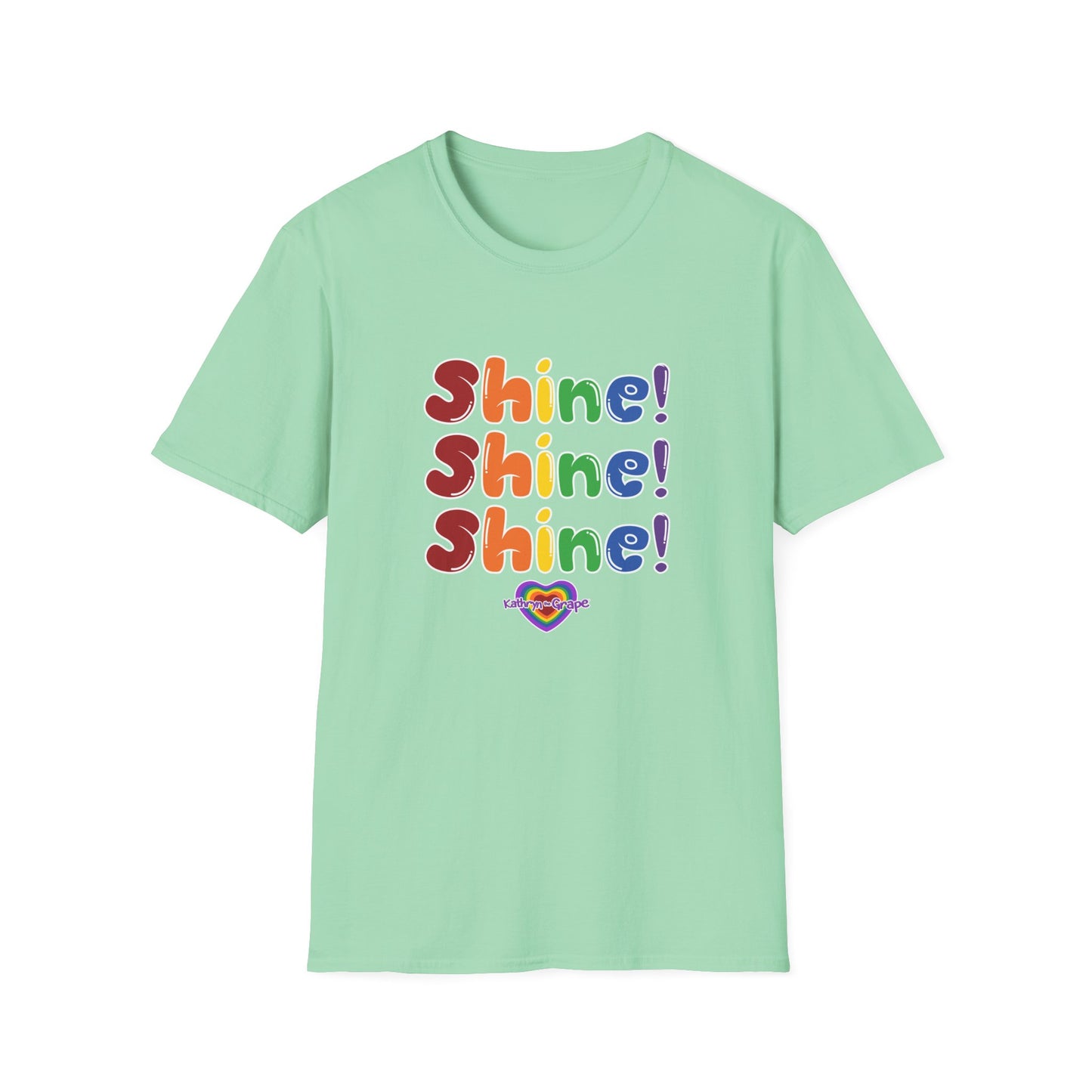 Kathryn the Grape Unisex Softstyle T-Shirt - Colorful 'Shine! Shine! Shine!' Print for Positivity and Celebration