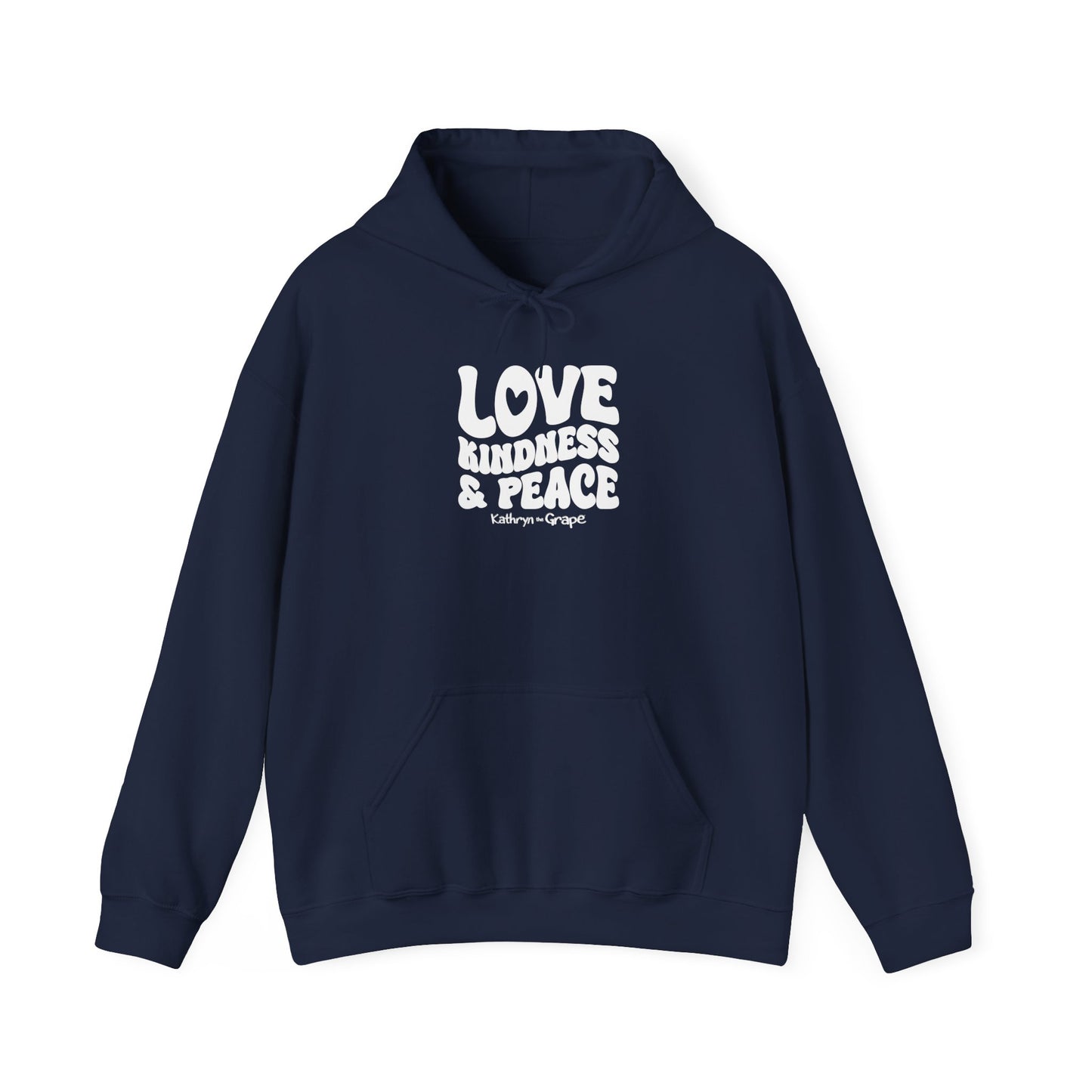 Kathryn the Grape Love, Kindness, and Peace (white) Teen/Adult Unisex Heavy Blend™ Hooded Sweatshirt