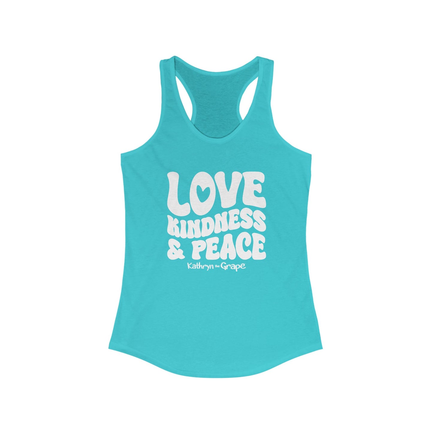 Kathryn the Grape Love, Kindness, and Peace (White text) Women's Racerback Tank