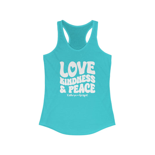 Kathryn the Grape Love, Kindness, and Peace (White text) Women's Racerback Tank