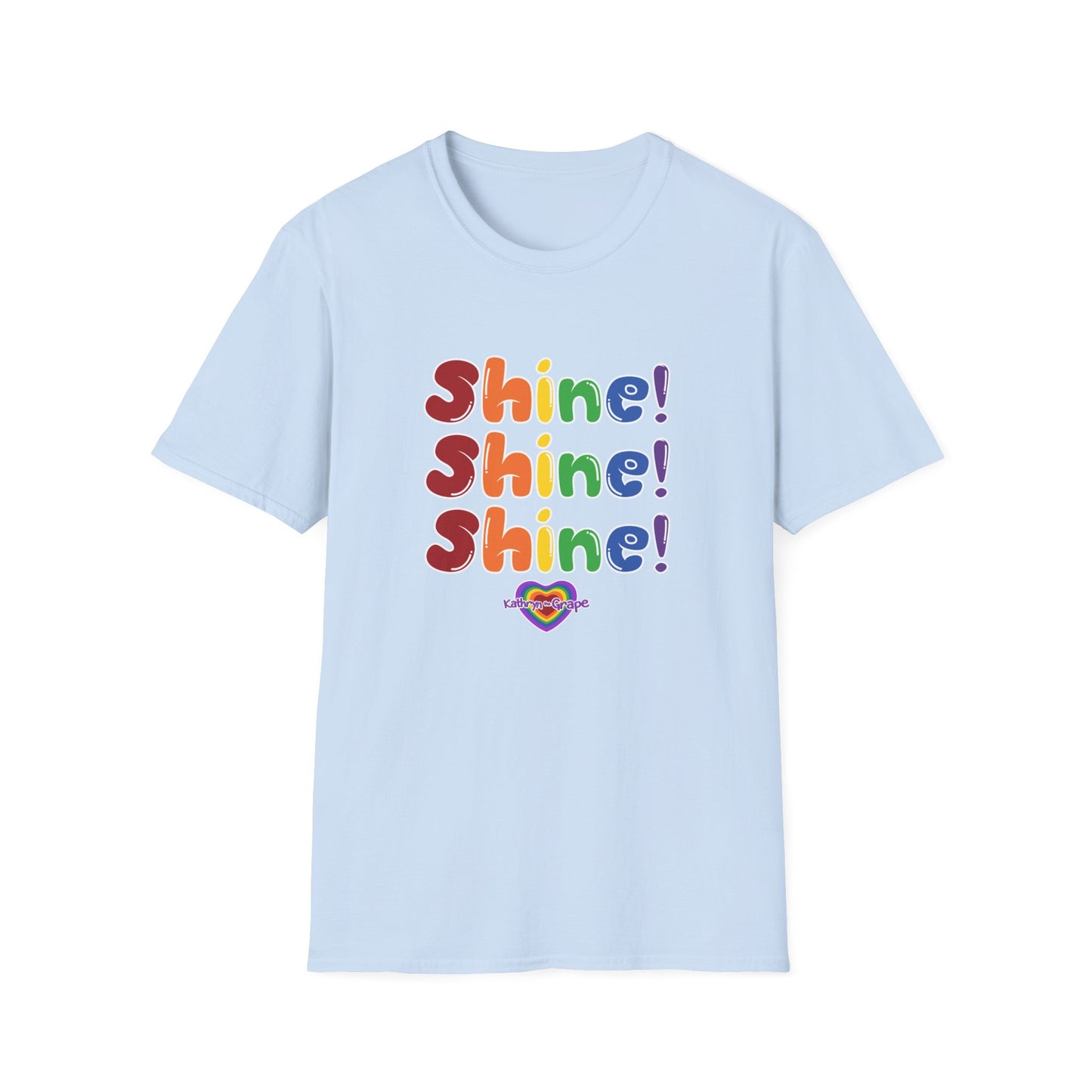 Kathryn the Grape Unisex Softstyle T-Shirt - Colorful 'Shine! Shine! Shine!' Print for Positivity and Celebration