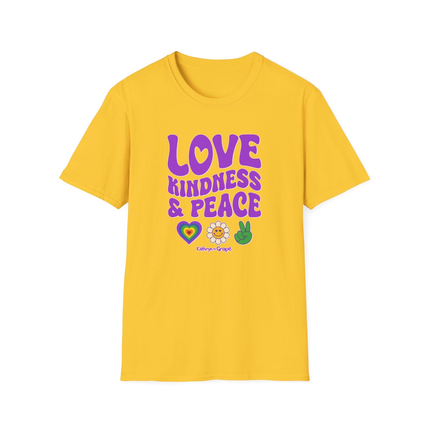 Kathryn the Grape Love, Kindness & Peace (purple text) Unisex Softstyle T-Shirt | Positive Vibes Tee