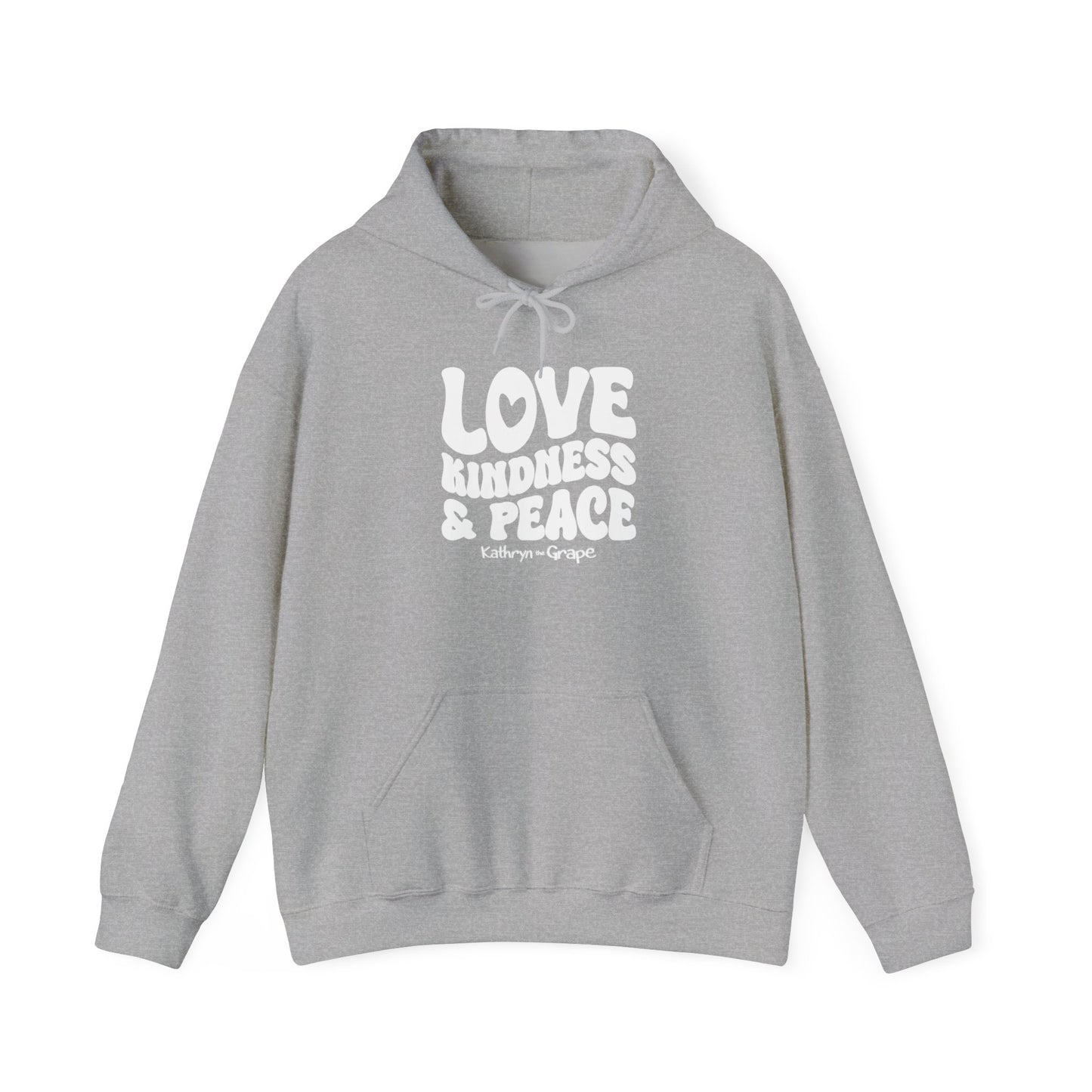 Kathryn the Grape Love, Kindness, and Peace (white) Teen/Adult Unisex Heavy Blend™ Hooded Sweatshirt