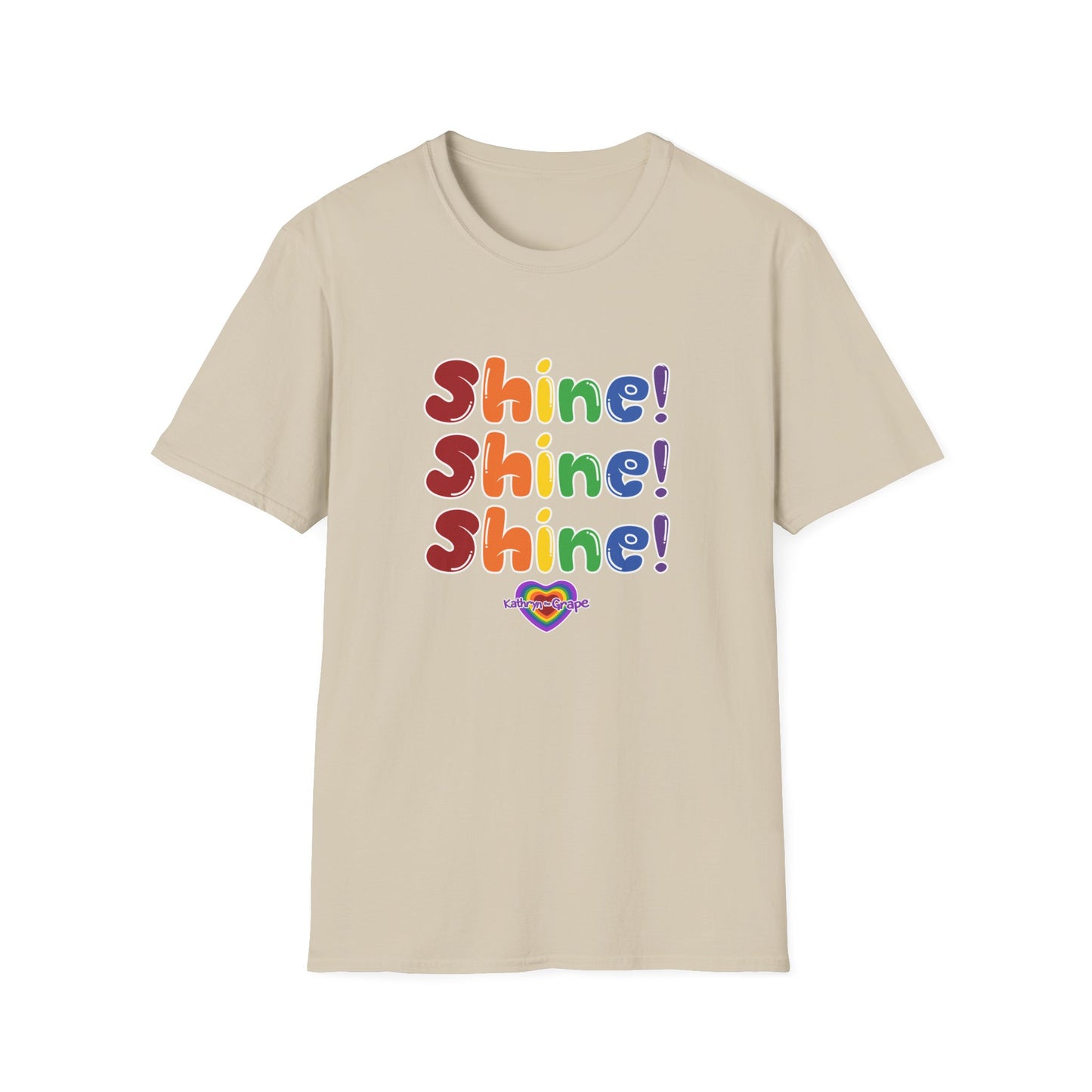 Kathryn the Grape Unisex Softstyle T-Shirt - Colorful 'Shine! Shine! Shine!' Print for Positivity and Celebration