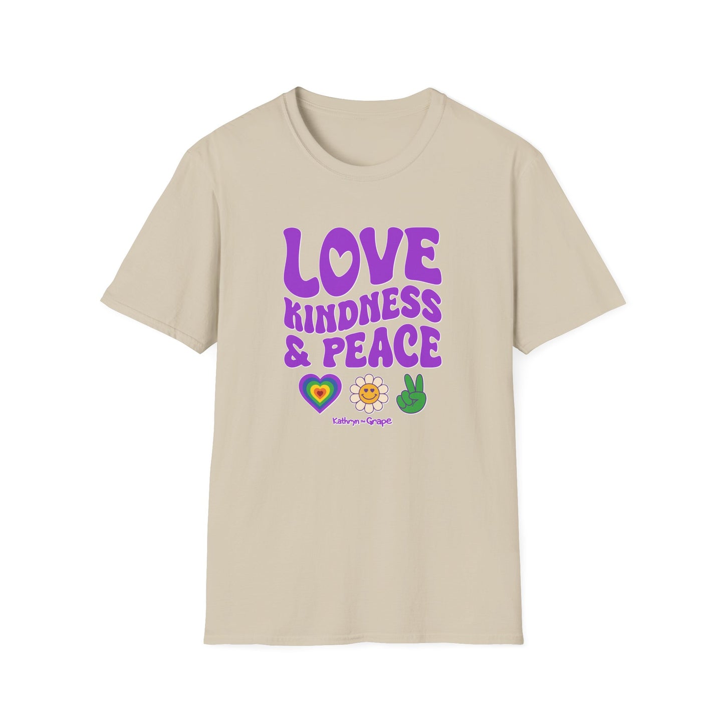 Kathryn the Grape Love, Kindness & Peace (purple text) Unisex Softstyle T-Shirt | Positive Vibes Tee