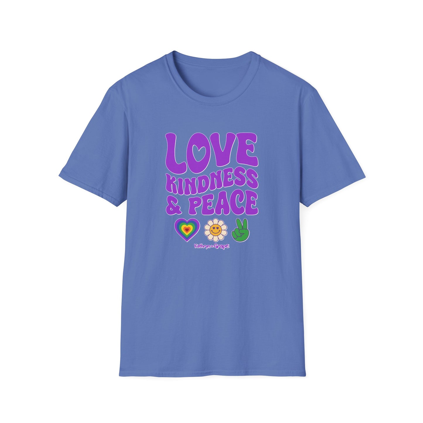 Kathryn the Grape Love, Kindness & Peace (purple text) Unisex Softstyle T-Shirt | Positive Vibes Tee