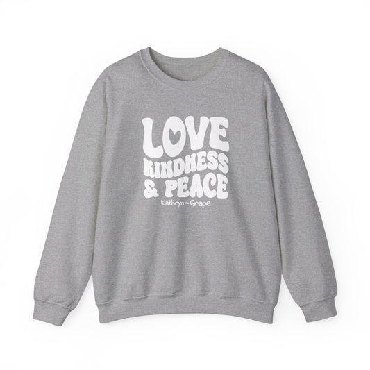 Kathryn the Grape Love, Kindness, and Peace (White) Teen/Adult Heavy Blend™ Crewneck Sweatshirt