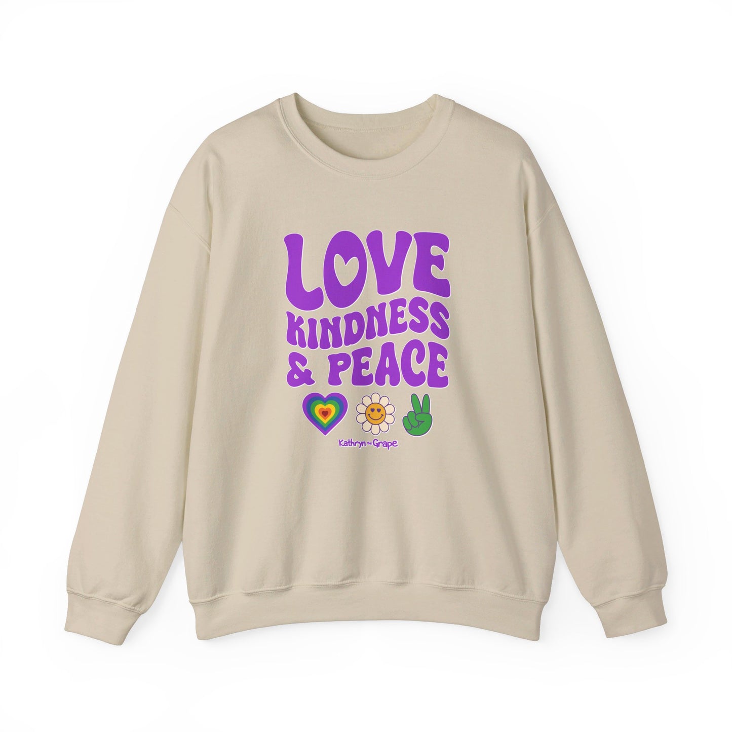 Kathryn the Grape Love, Kindness, and Peace Teen/Adult Heavy Blend™ Crewneck Sweatshirt