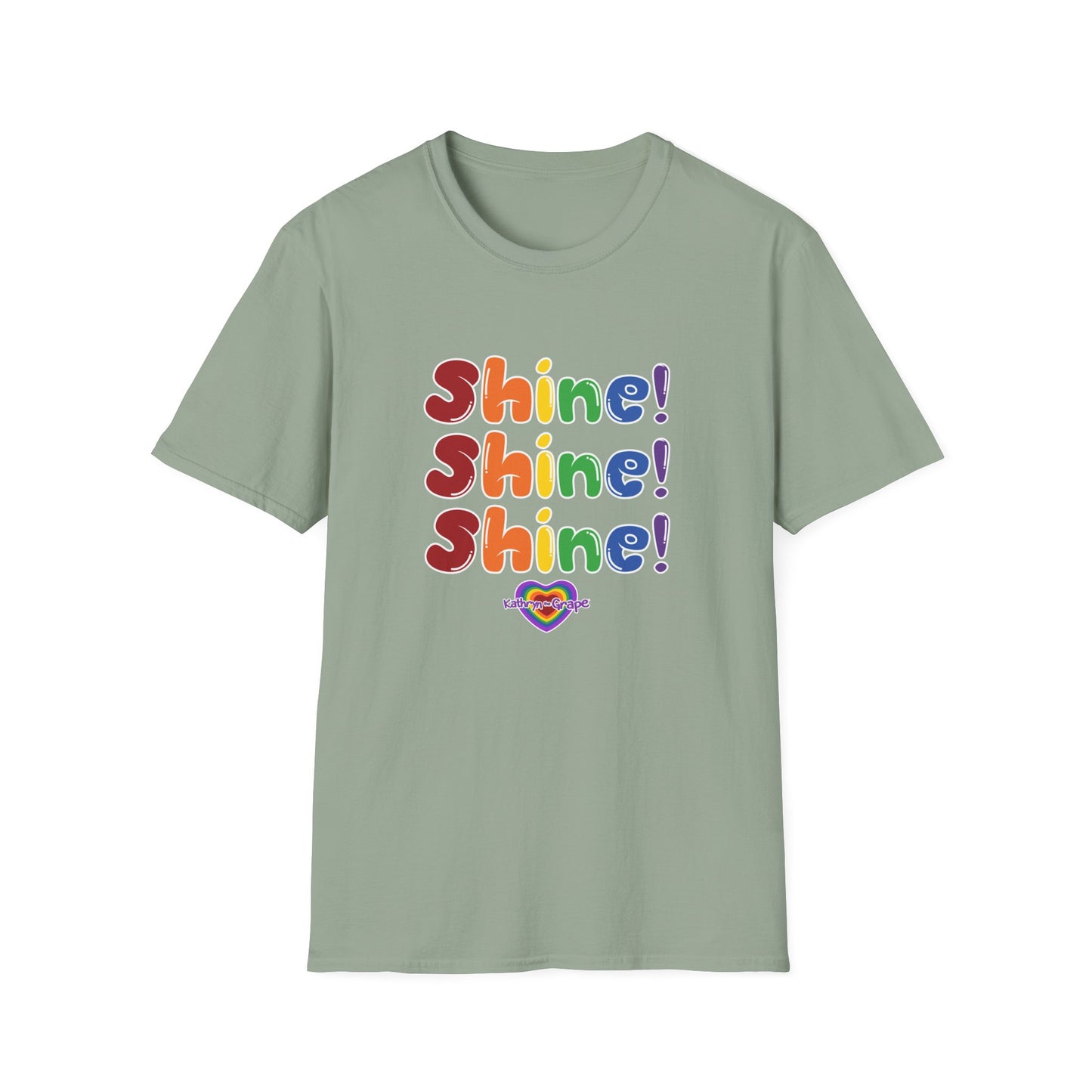 Kathryn the Grape Unisex Softstyle T-Shirt - Colorful 'Shine! Shine! Shine!' Print for Positivity and Celebration