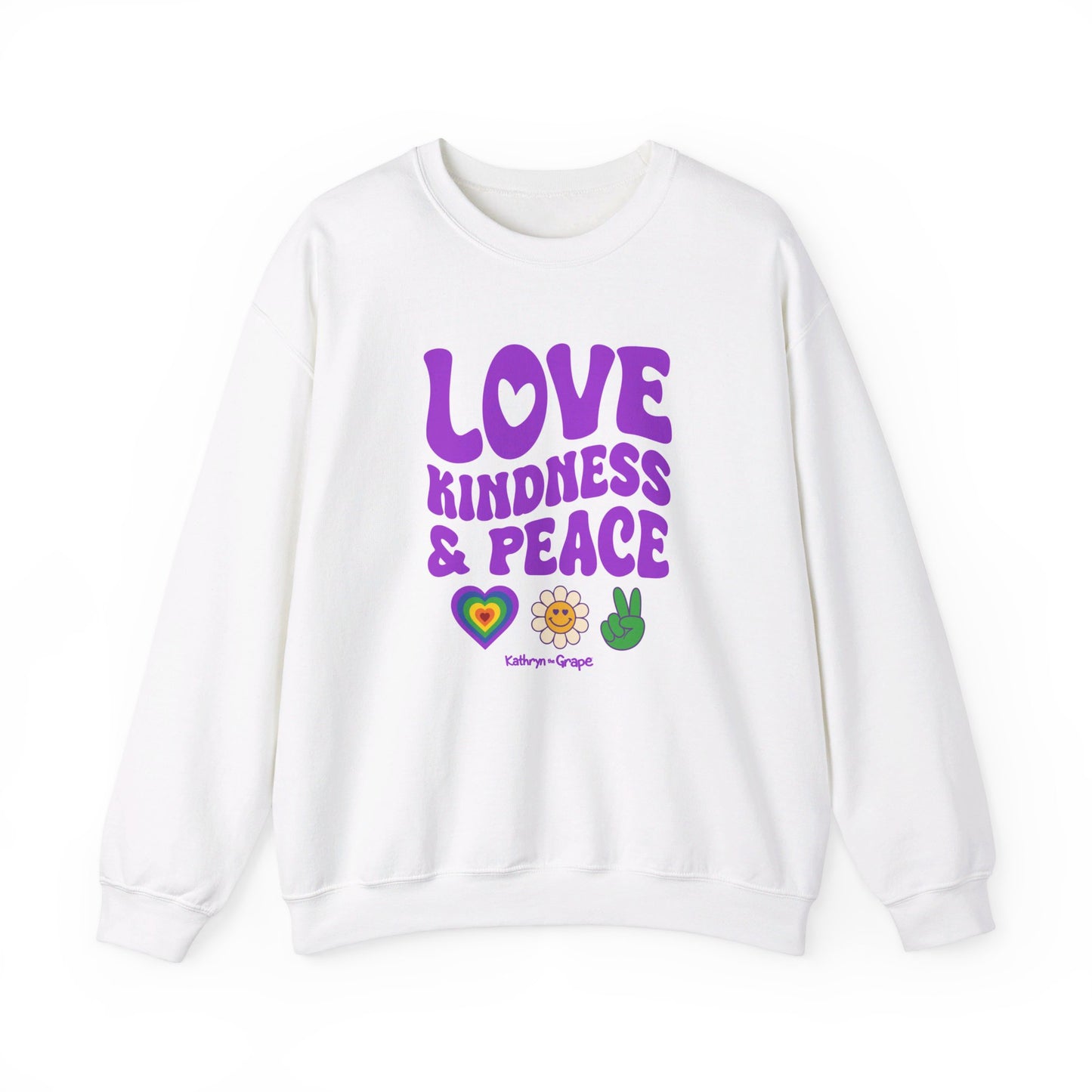 Kathryn the Grape Love, Kindness, and Peace Teen/Adult Heavy Blend™ Crewneck Sweatshirt