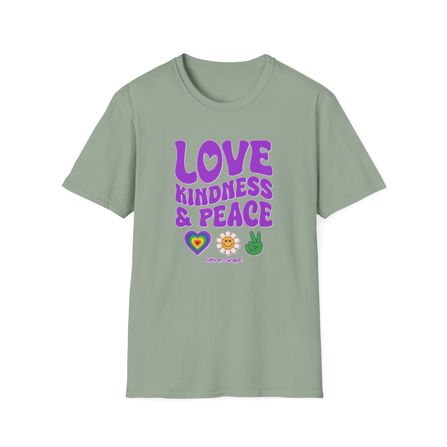 Kathryn the Grape Love, Kindness & Peace (purple text) Unisex Softstyle T-Shirt | Positive Vibes Tee