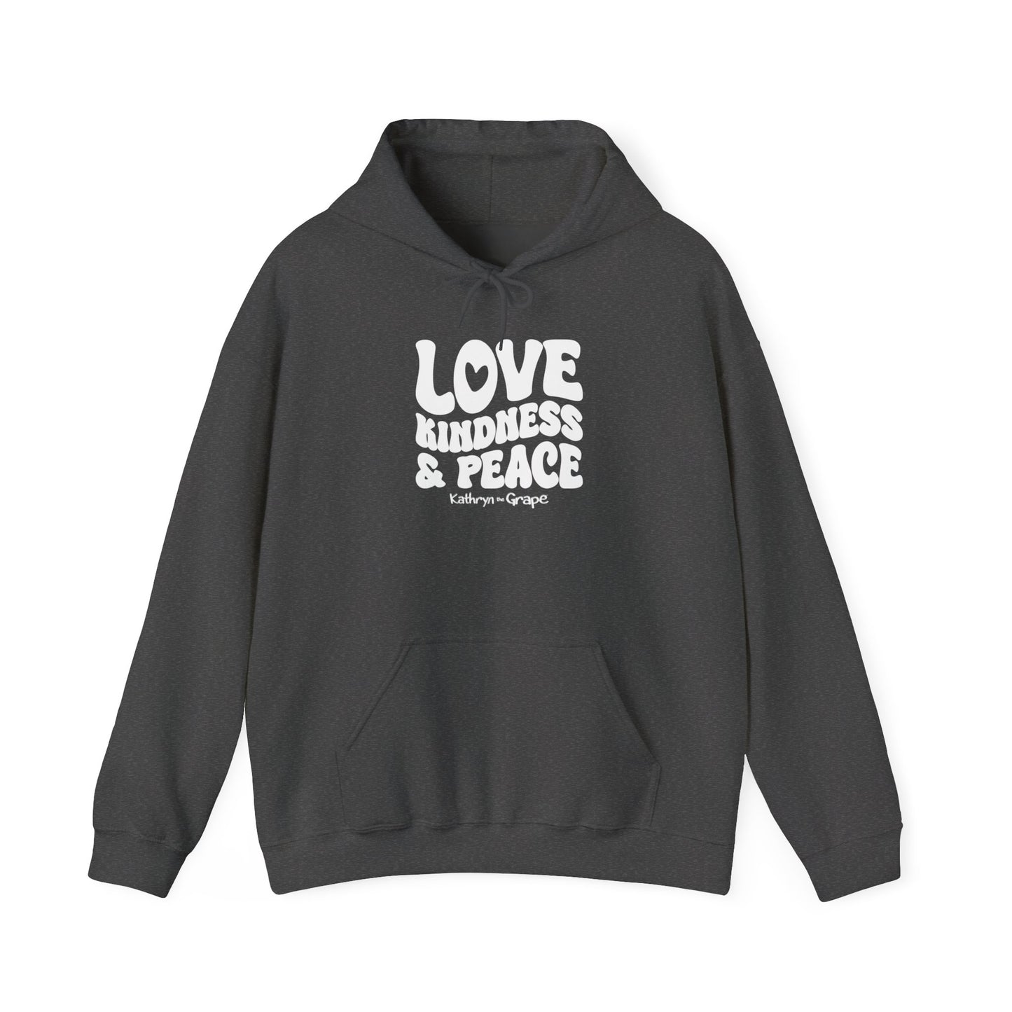 Kathryn the Grape Love, Kindness, and Peace (white) Teen/Adult Unisex Heavy Blend™ Hooded Sweatshirt