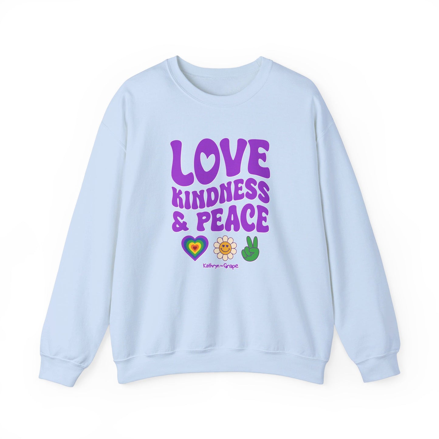 Kathryn the Grape Love, Kindness, and Peace Teen/Adult Heavy Blend™ Crewneck Sweatshirt