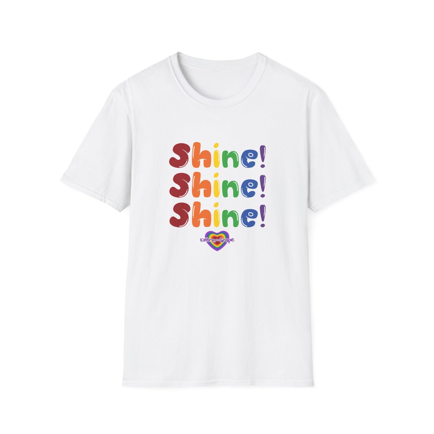 Kathryn the Grape Unisex Softstyle T-Shirt - Colorful 'Shine! Shine! Shine!' Print for Positivity and Celebration