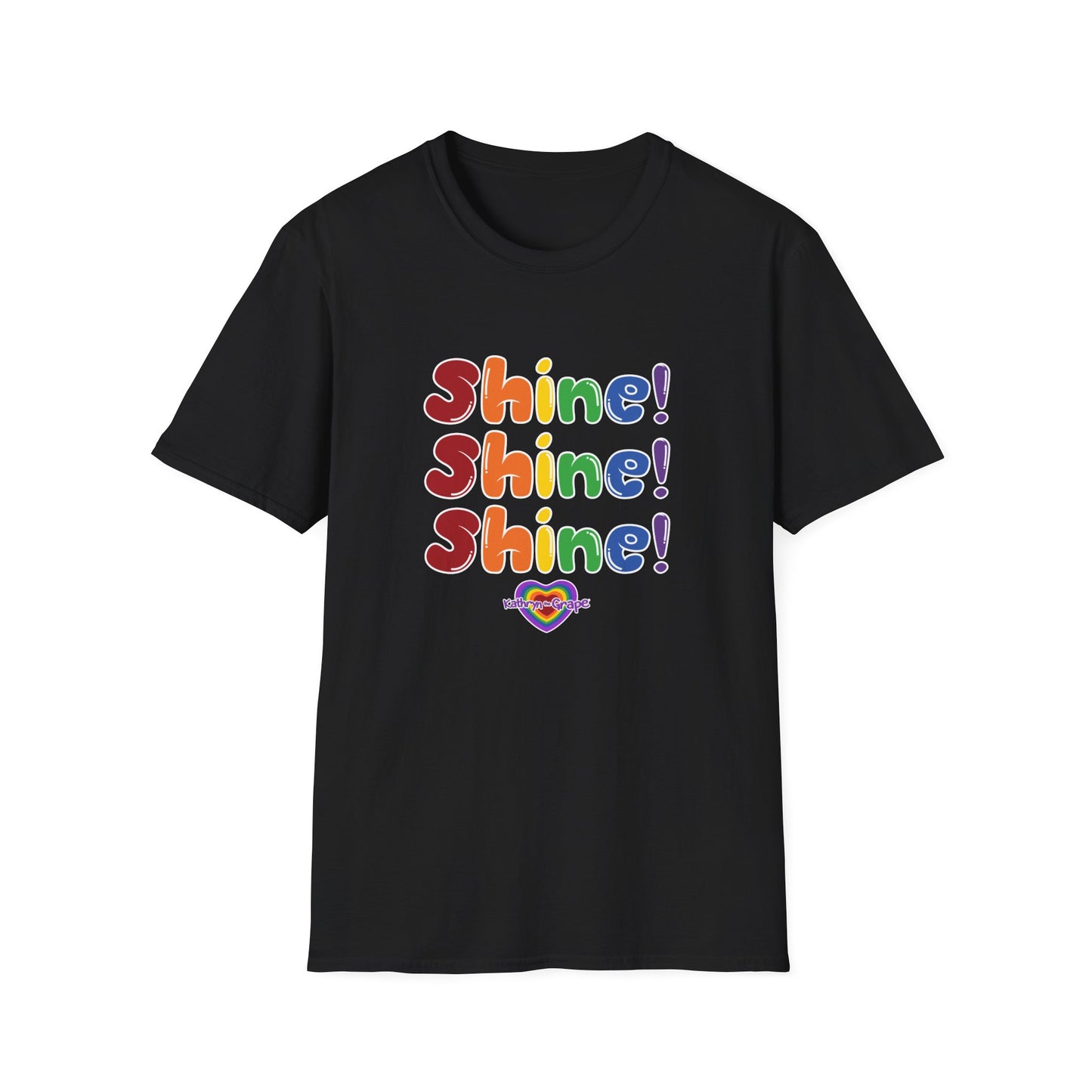 Kathryn the Grape Unisex Softstyle T-Shirt - Colorful 'Shine! Shine! Shine!' Print for Positivity and Celebration