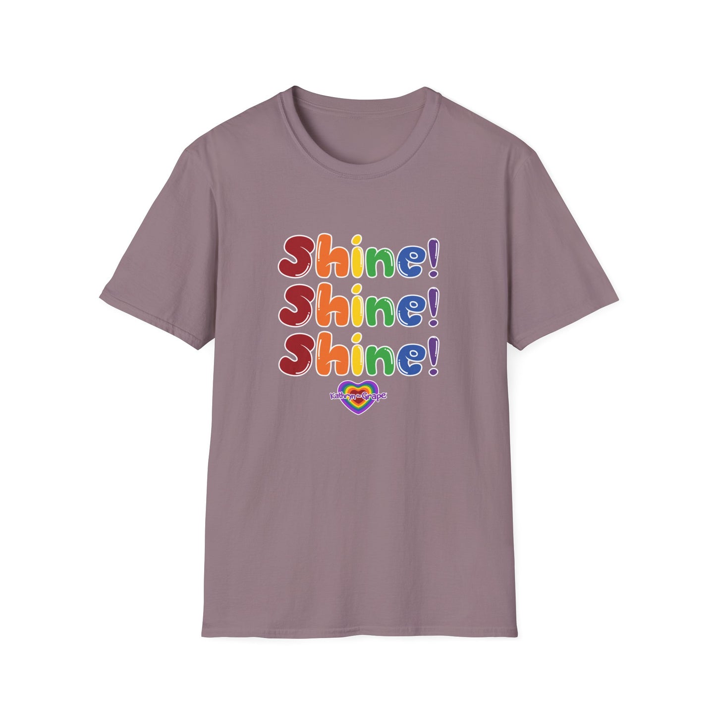 Kathryn the Grape Unisex Softstyle T-Shirt - Colorful 'Shine! Shine! Shine!' Print for Positivity and Celebration