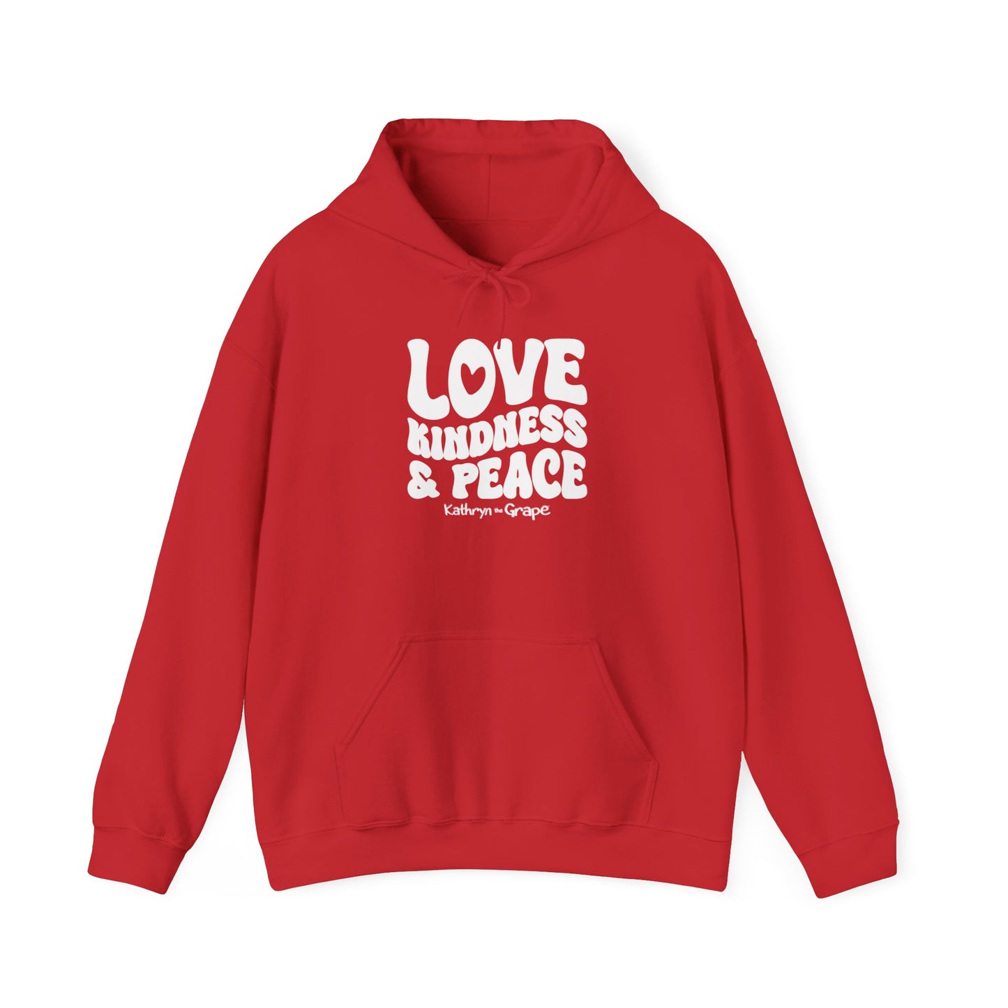 Kathryn the Grape Love, Kindness, and Peace (white) Teen/Adult Unisex Heavy Blend™ Hooded Sweatshirt