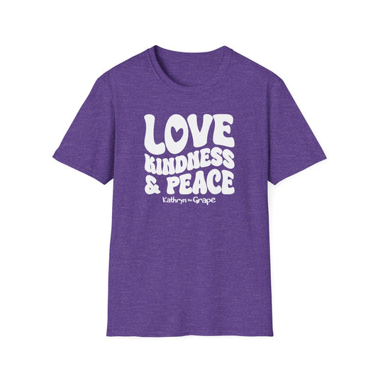 Kathryn the Grape Love, Kindness, and Peace (white text) Teen/Adult Softstyle T-Shirt