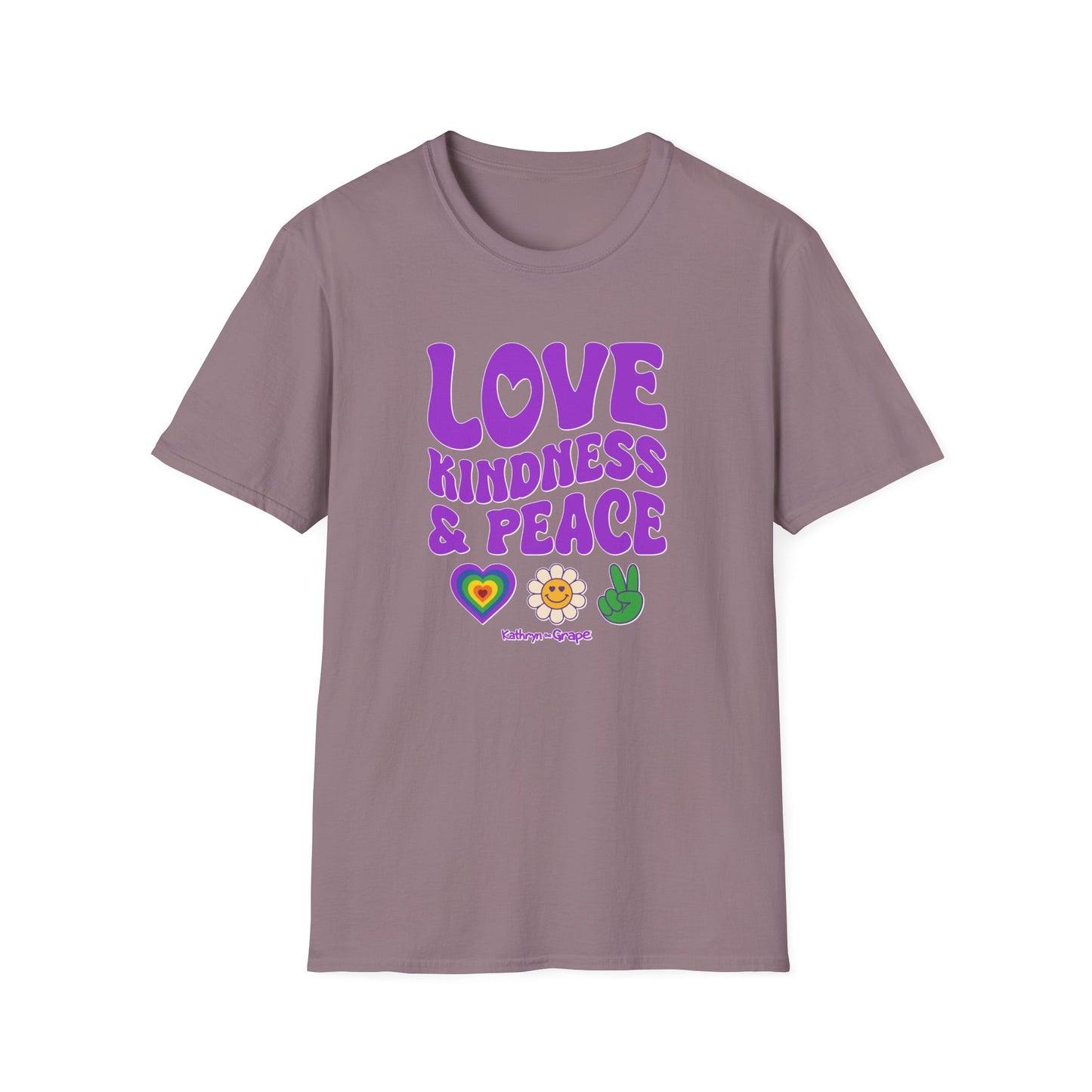 Kathryn the Grape Love, Kindness & Peace (purple text) Unisex Softstyle T-Shirt | Positive Vibes Tee