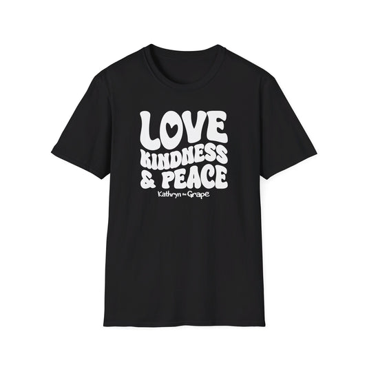 Kathryn the Grape Love, Kindness, and Peace (white) Teen/Adult Softstyle T-Shirt